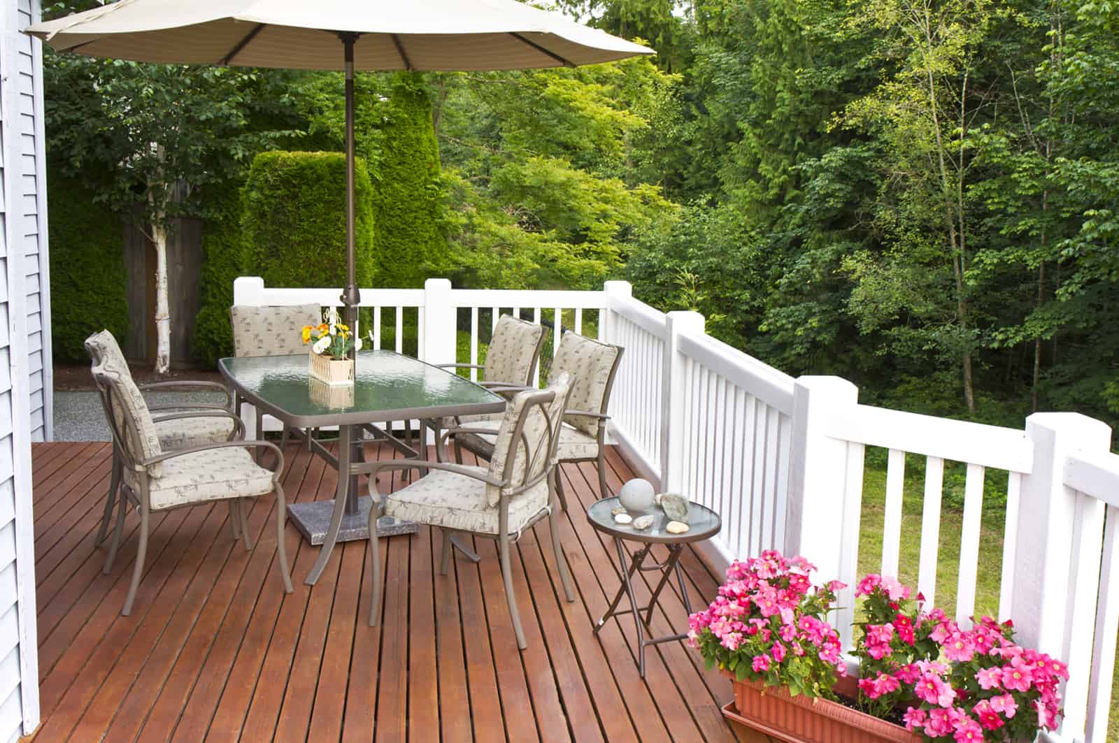 beautiful wooden deck in backyard